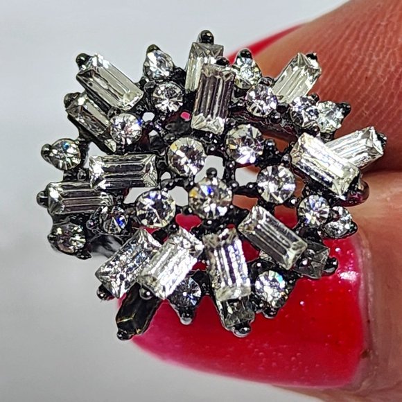 Baguette and Round White Rhinestone Dome Dressy Gunmetal Gray Cocktail Ring SZ 5 - Picture 2 of 13